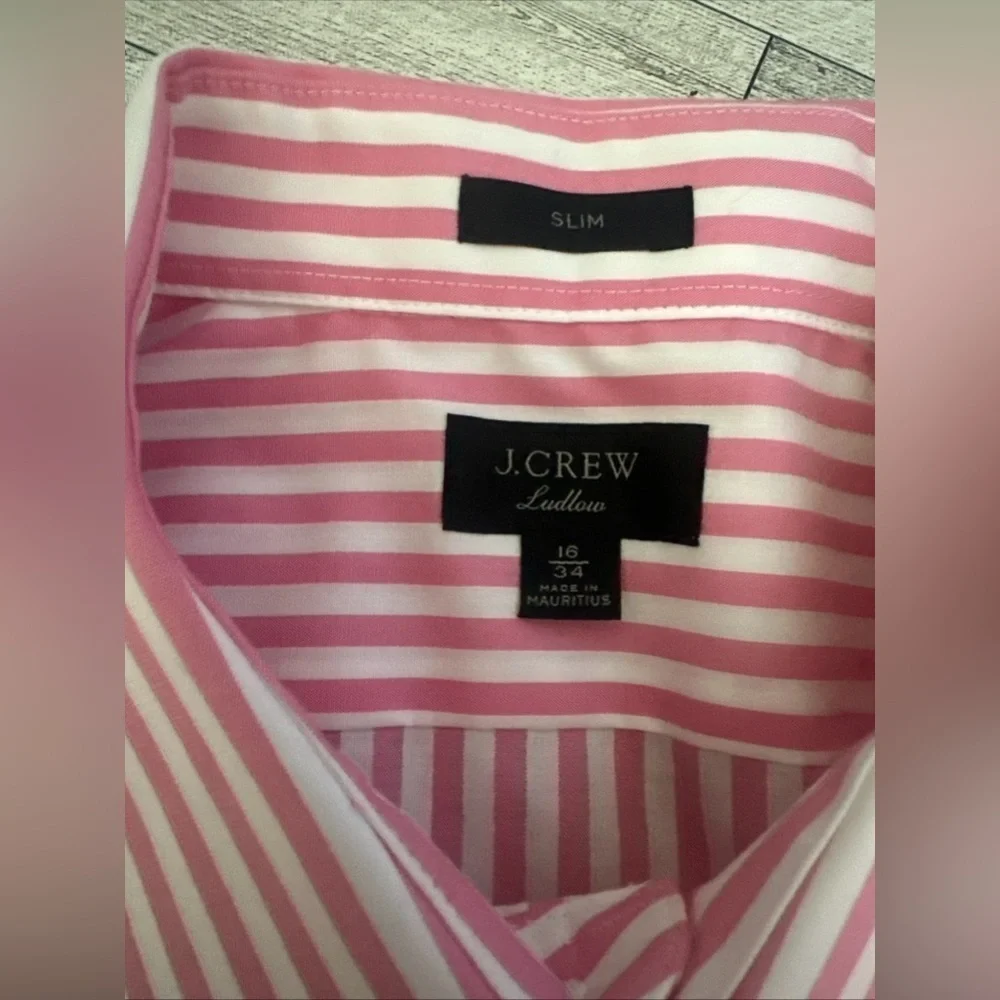 J Crew Ludlow Slim Fit Striped Pink White Dress Shirt Mens Sz 16 34 Long Sleeve